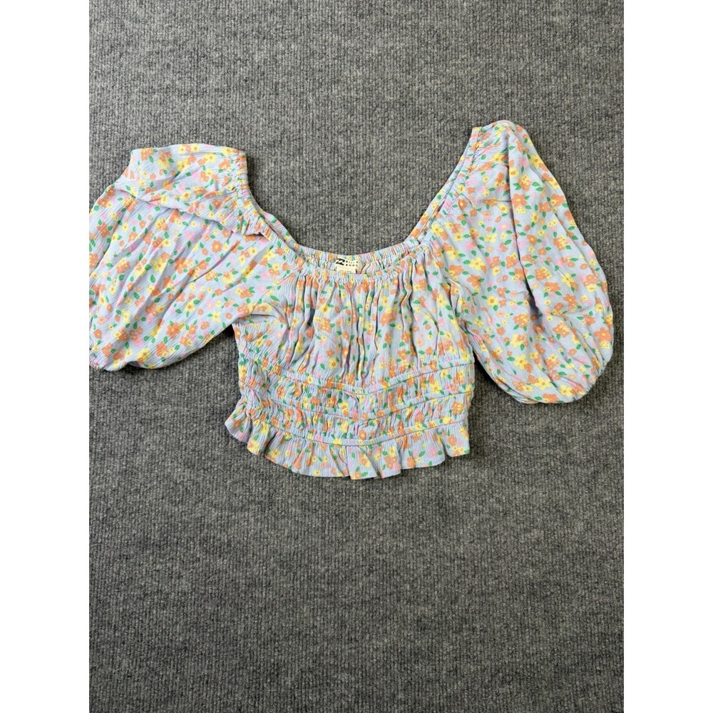 Billabong Floral Smocked Crop Top S Puff Sleeve Cottagecore‎ Blue